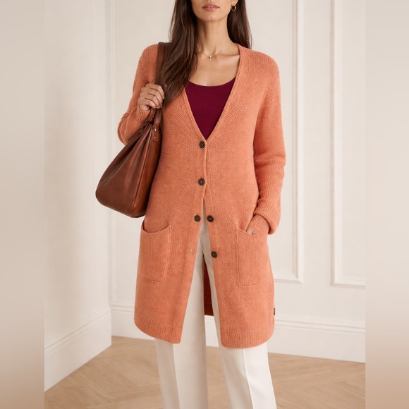 Lafayette 148 New York Sweaters - Lafayette 148 Cotton Silk Button Front Long Knit Cardigan Peach Orange Sz L